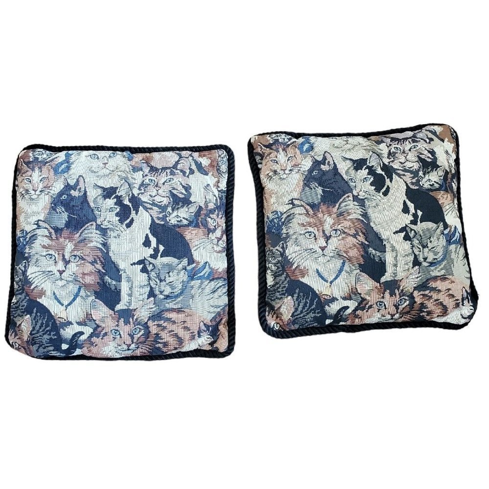 Vintage 90s Cat Kitty Face Tapestry‎ Throw Pillows Set Of 2 12x13 - Picture 2 of 6
